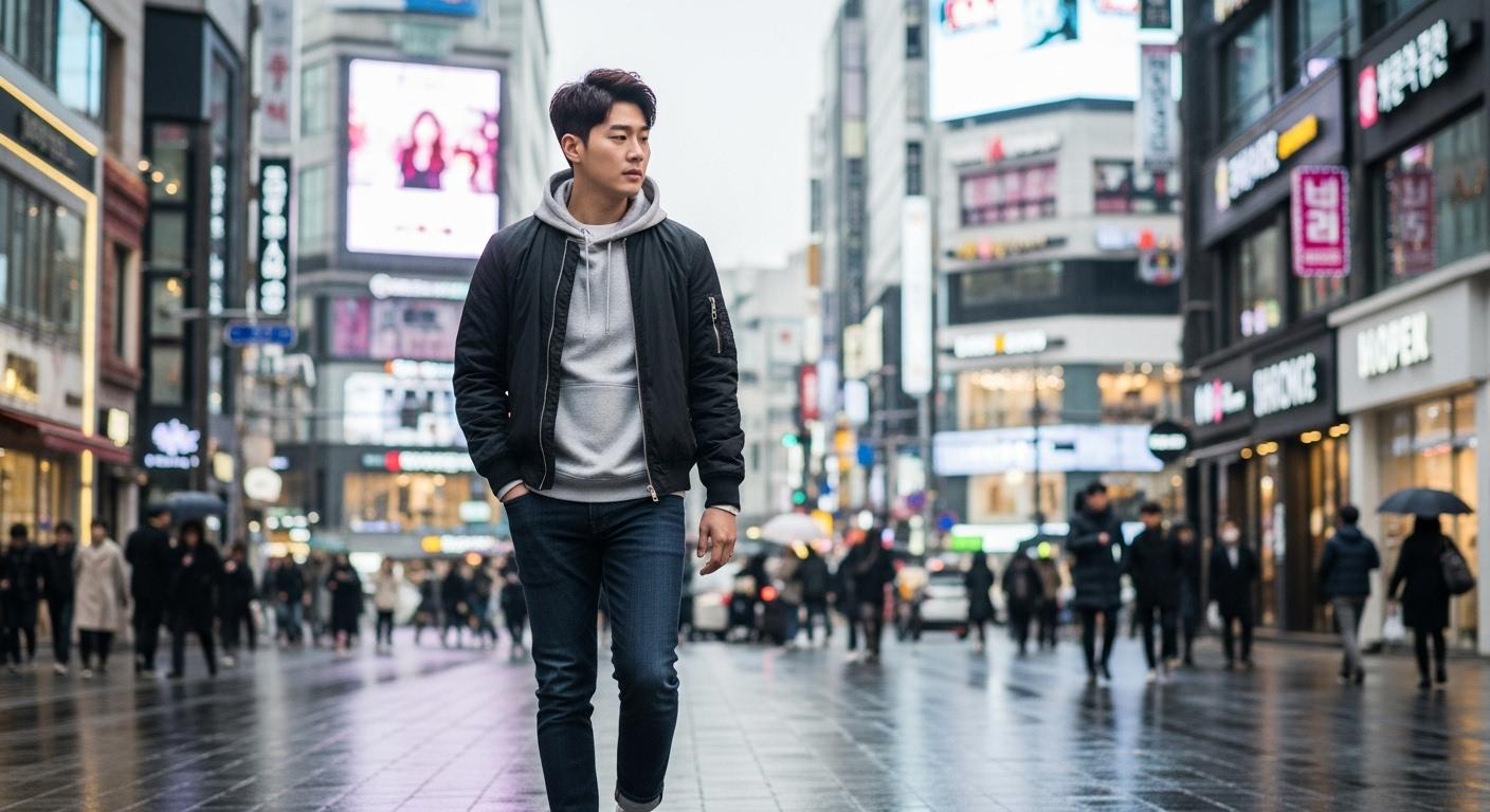 서울의 번화한 거리에서 생각에 잠긴 청년의 모습