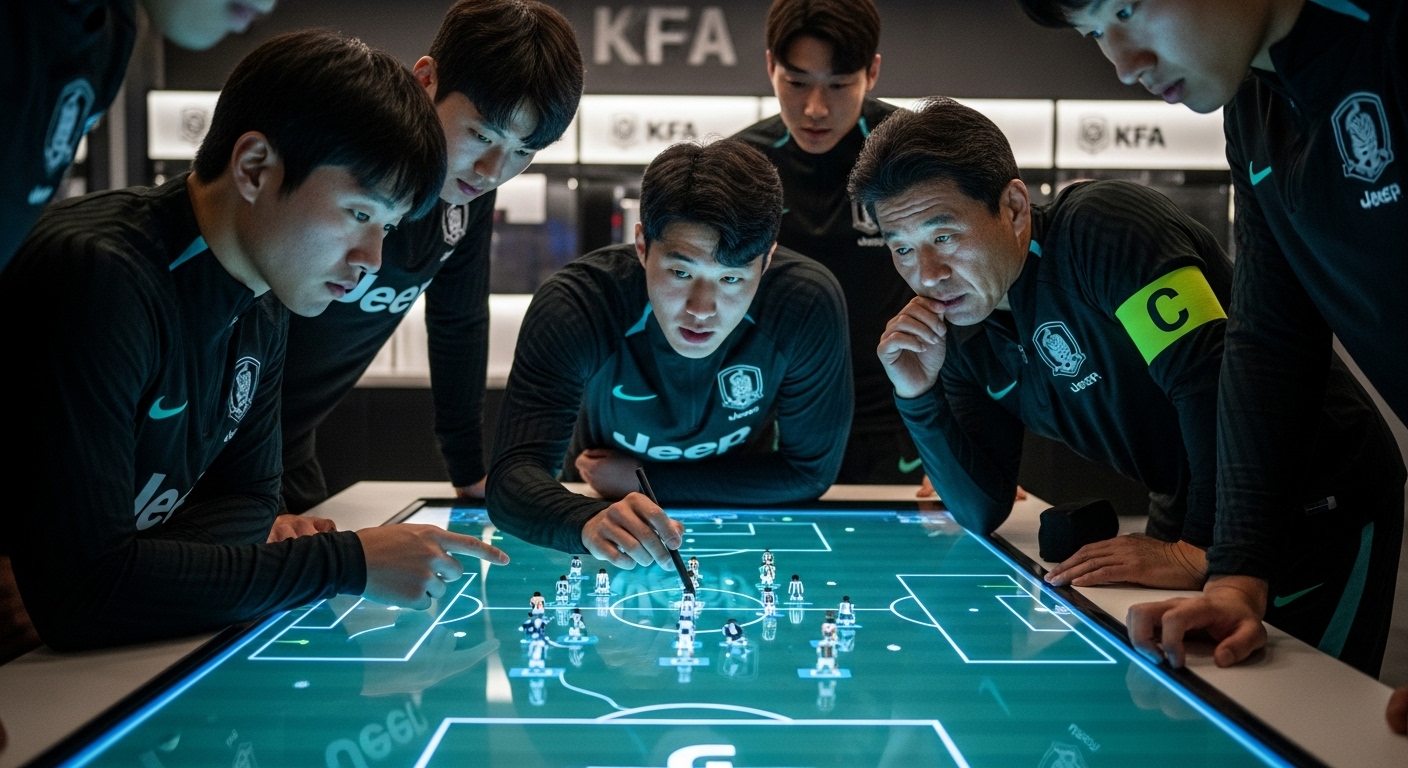 디지털 화면에 보이는 유벤투스 포메이션을 보고 있는 한국인 플레이어들