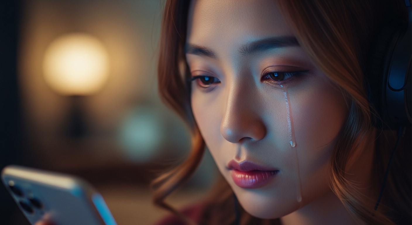 음악을 들으며 깊은 감정을 느끼는 여성의 클로즈업