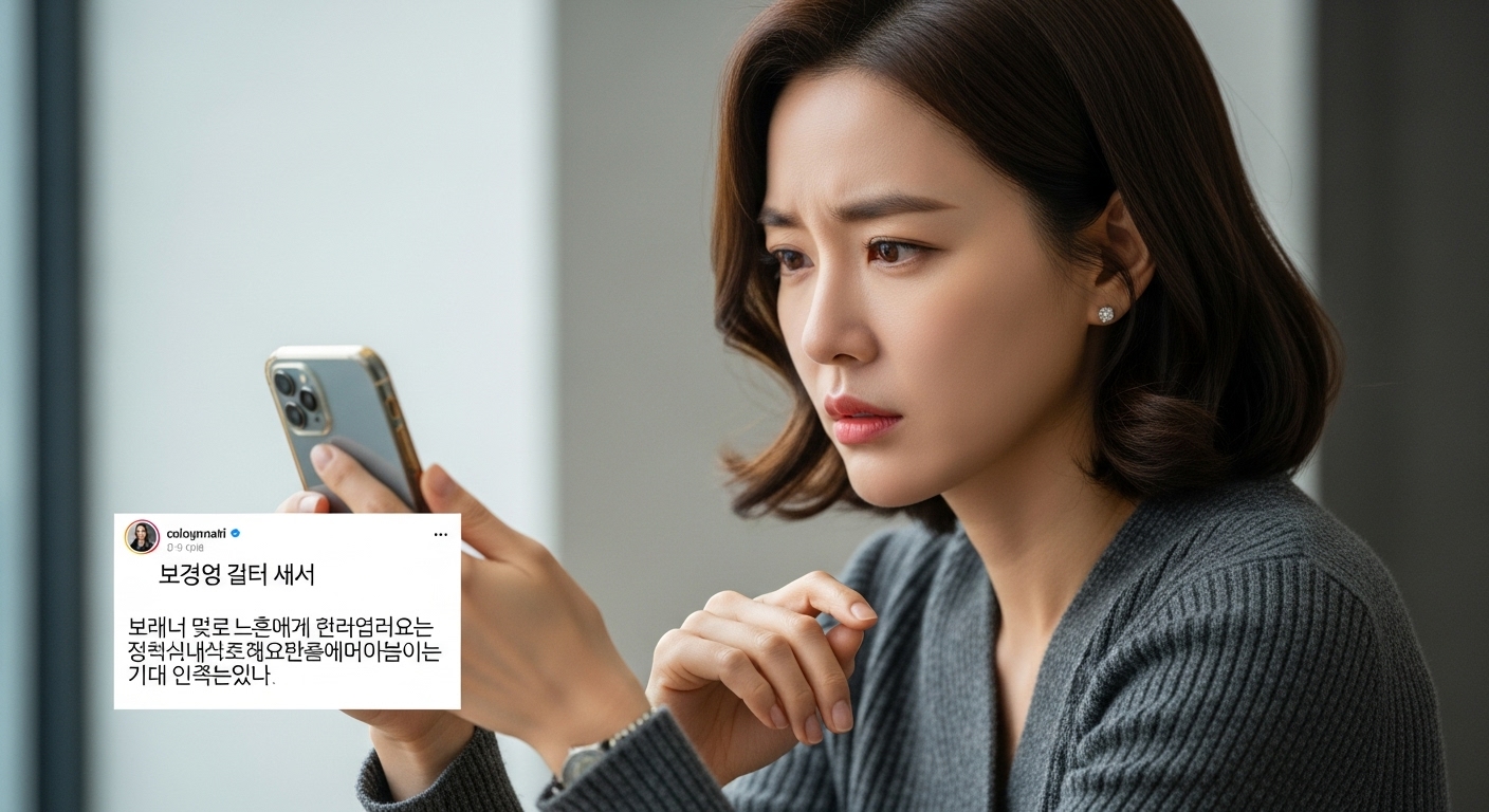 스마트폰을 통해 촬영장에서의 부당함을 알리는 현대 여배우의 진지한 모습