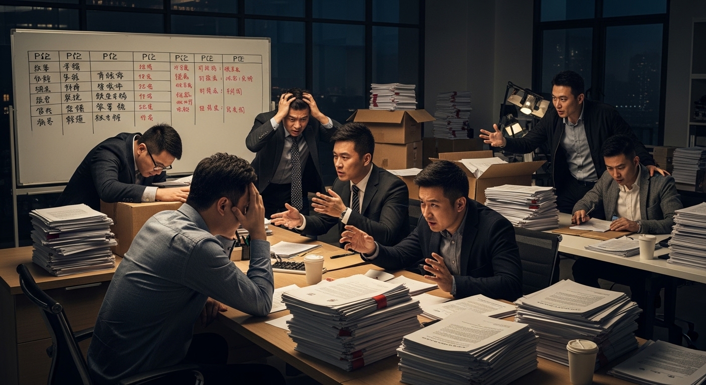 계약서 더미와 함께 배우 권리를 논하는 바쁜 영화 산업 사무실 내 모습