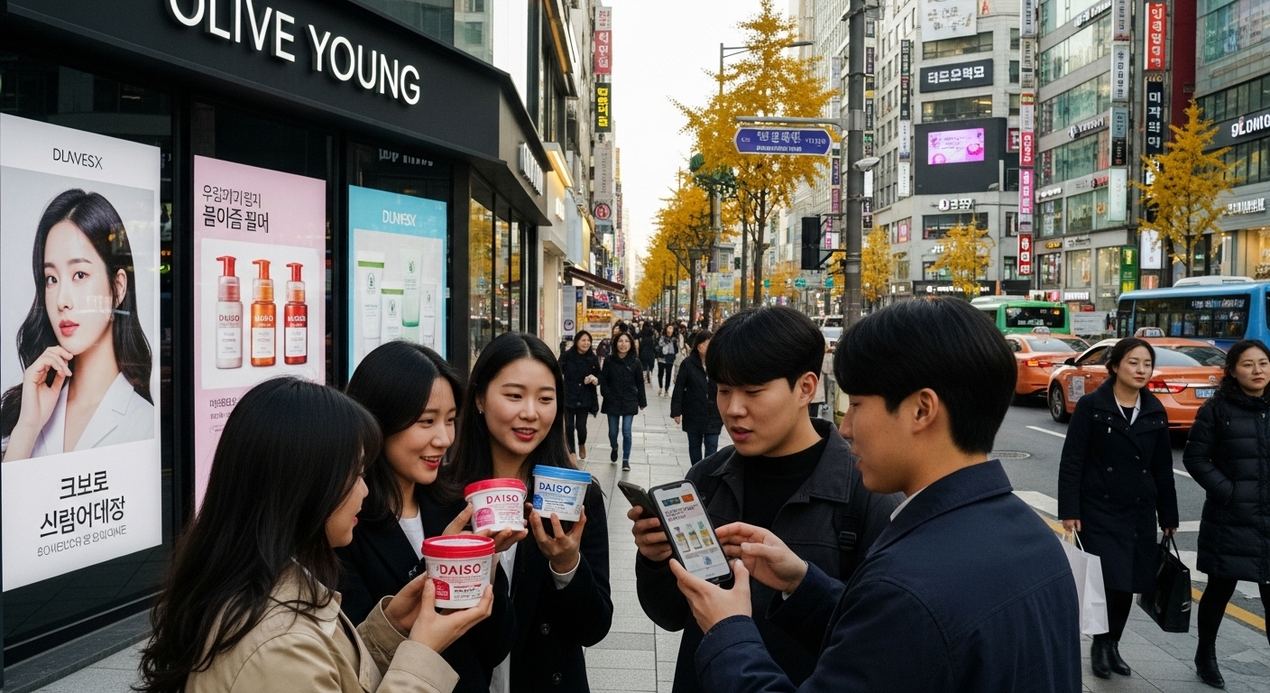 서울 도심 거리에서 젊은이들이 다이소 헤어 트리트먼트를 이야기하는 모습