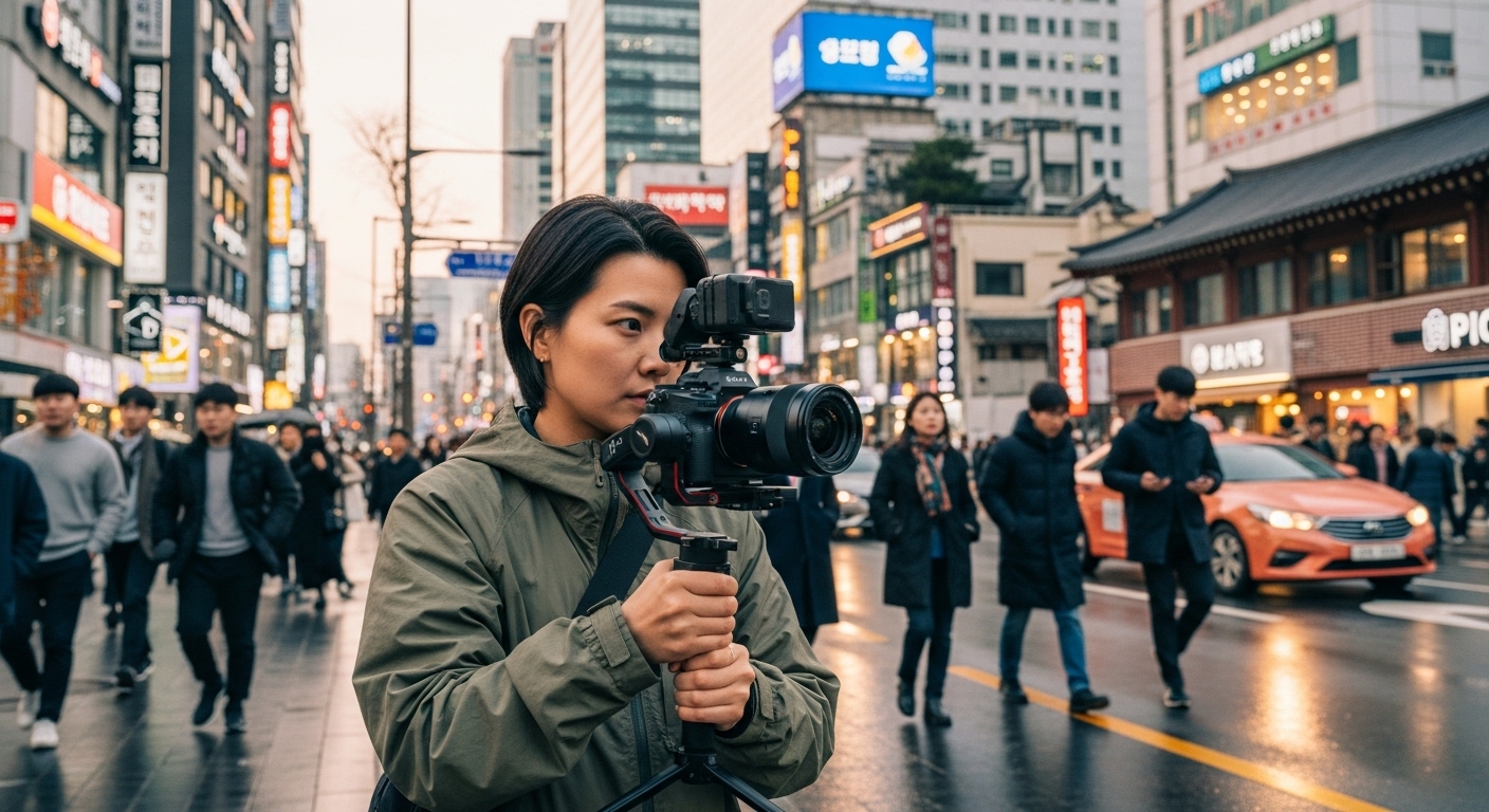 서울 거리에서 소니 A7M5 카메라로 고품질 영상을 촬영하는 현대적 감각의 영상 제작자