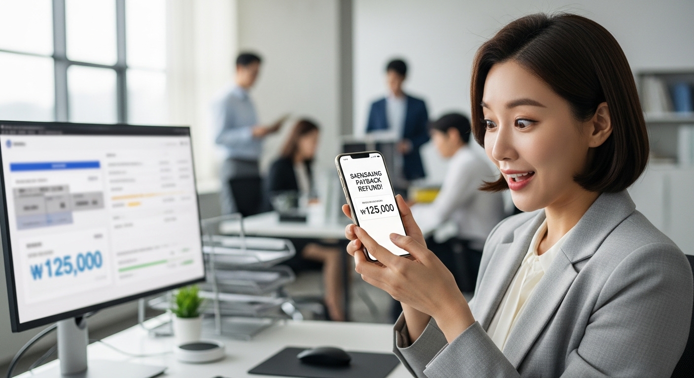 현대 사무실에서 스마트폰으로 상생페이백 환급 소식을 확인하는 직장인