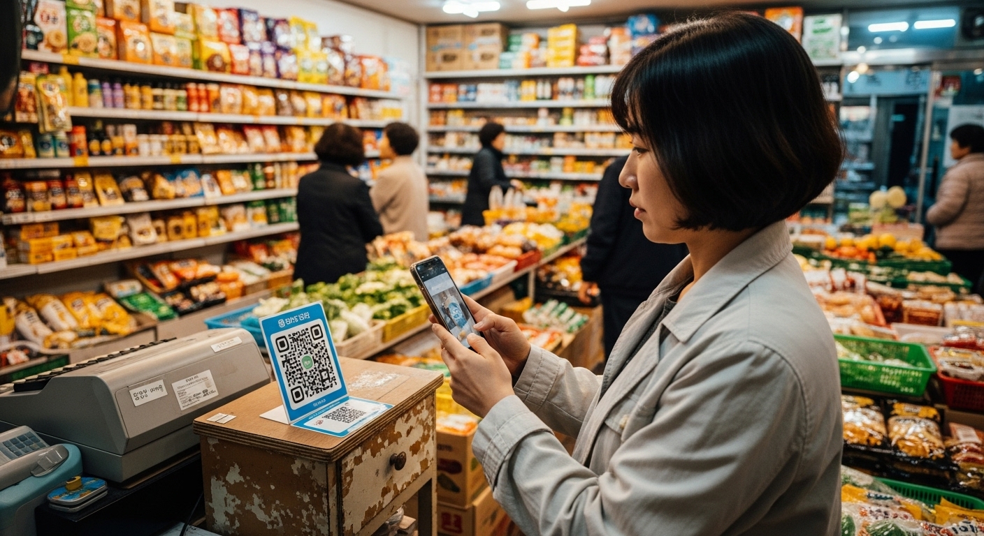 동네 마트에서 스마트폰으로 QR 코드를 스캔하는 여성