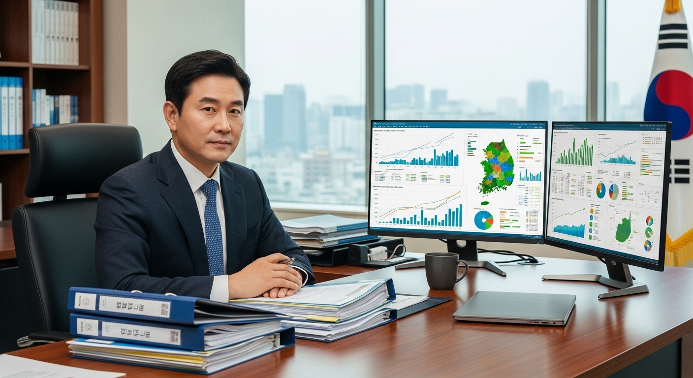정책 문서와 농업 데이터가 있는 사무실에서 자신감 있는 정부 관료