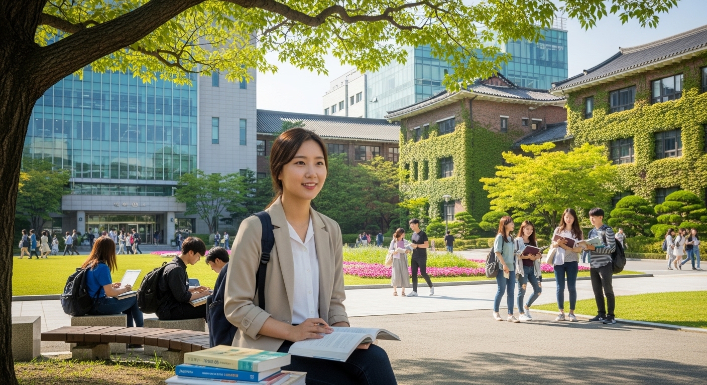 대학 캠퍼스에서 교재를 들고 있는 젊은 학생