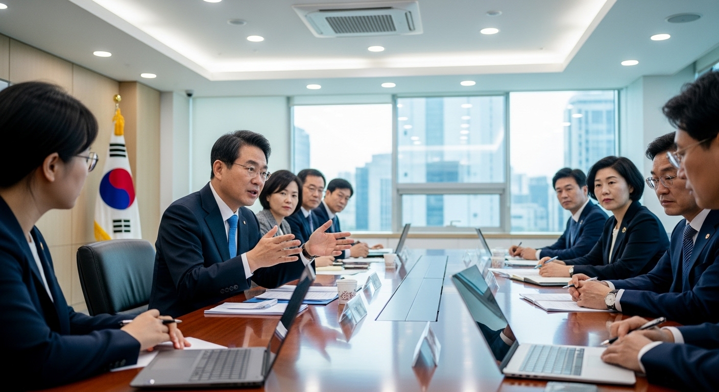 회의실에서 동료들과 정책을 논의하는 한국 관료