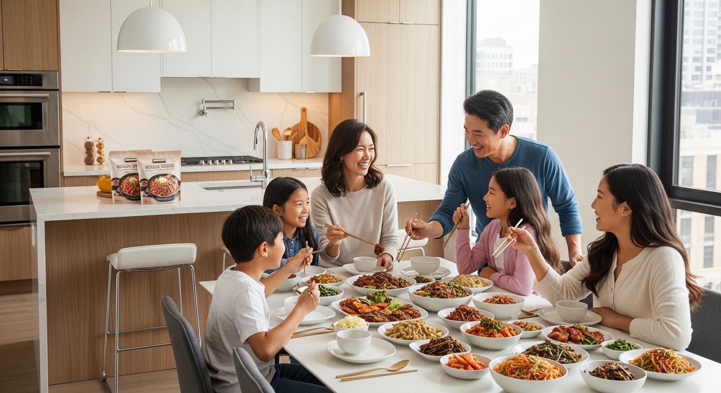 현대적인 주방에서 코스트코 프리미엄 즉석식품을 즐기는 가족 식사 장면