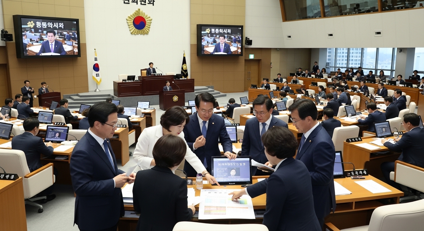 한국 국회의원들이 현대식 회의실에서 토론하는 장면