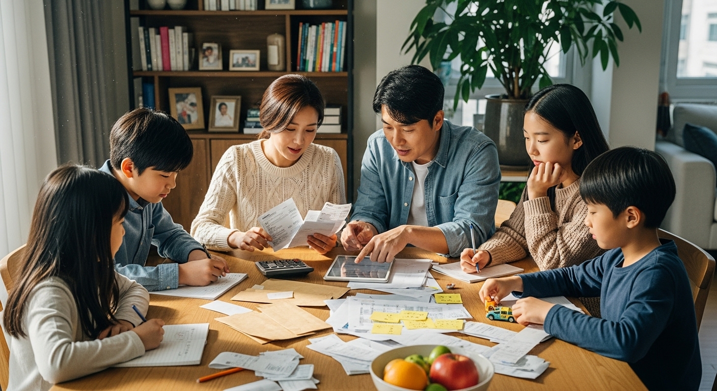 여러 자녀가 있는 가정에서 식탁에 둘러앉아 재정을 계산하는 모습