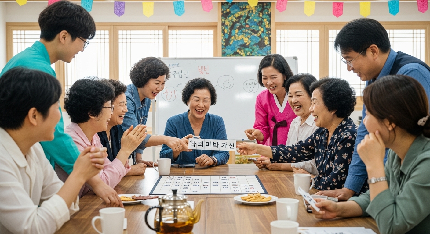다양한 한국 사람들이 모여서 말장난 게임을 즐기며 웃고 있는 장면