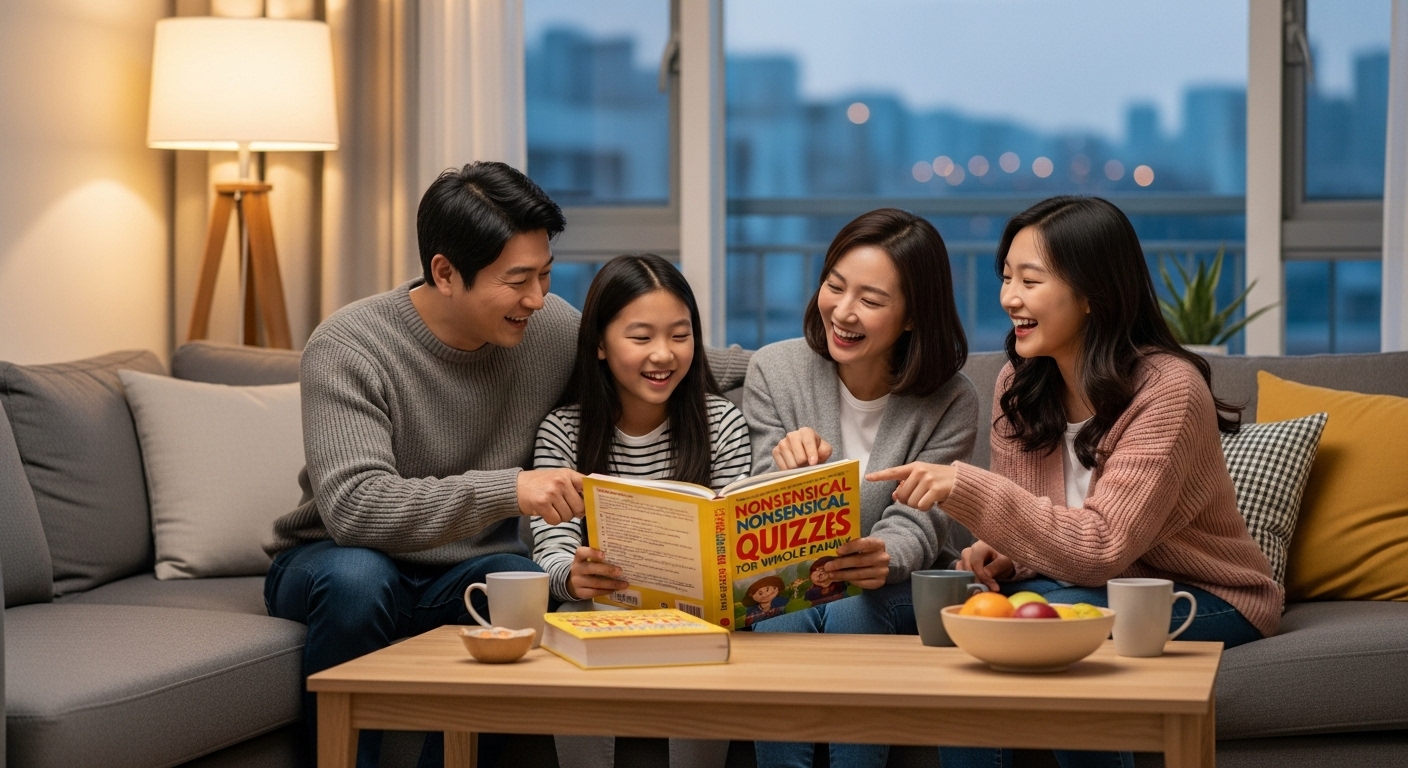 가족들이 아늑한 거실에서 함께 퀴즈 책을 풀며 소통하는 모습