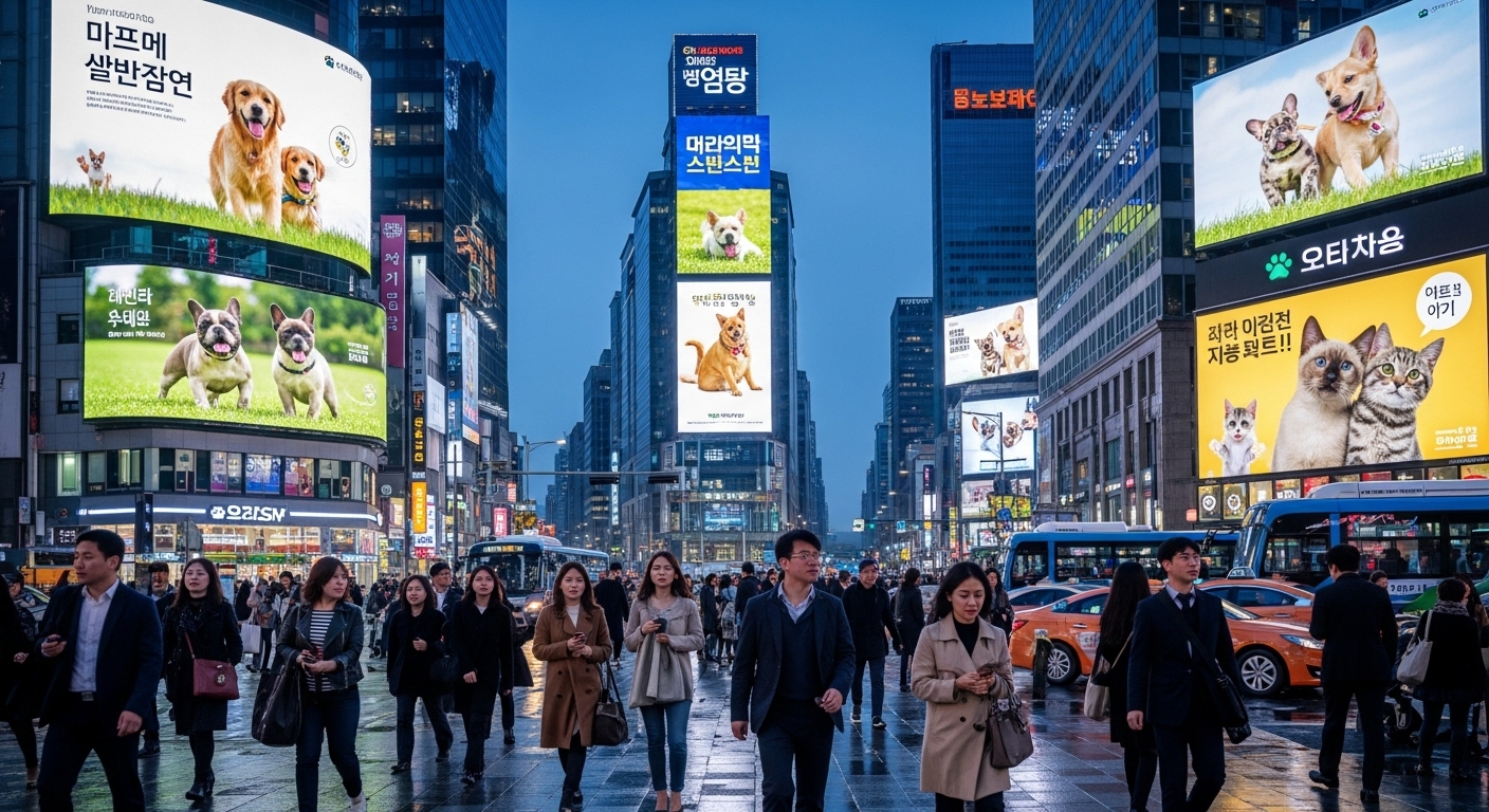 반려동물 보험 광고가 디지털 빌보드에 표시된 번화한 도시 풍경