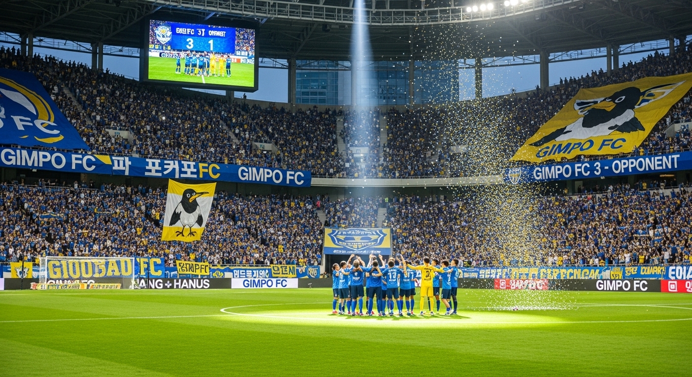 현대적인 축구 경기장에서 김포 FC 선수들이 팬들과 함께 승리를 기뻐하는 모습