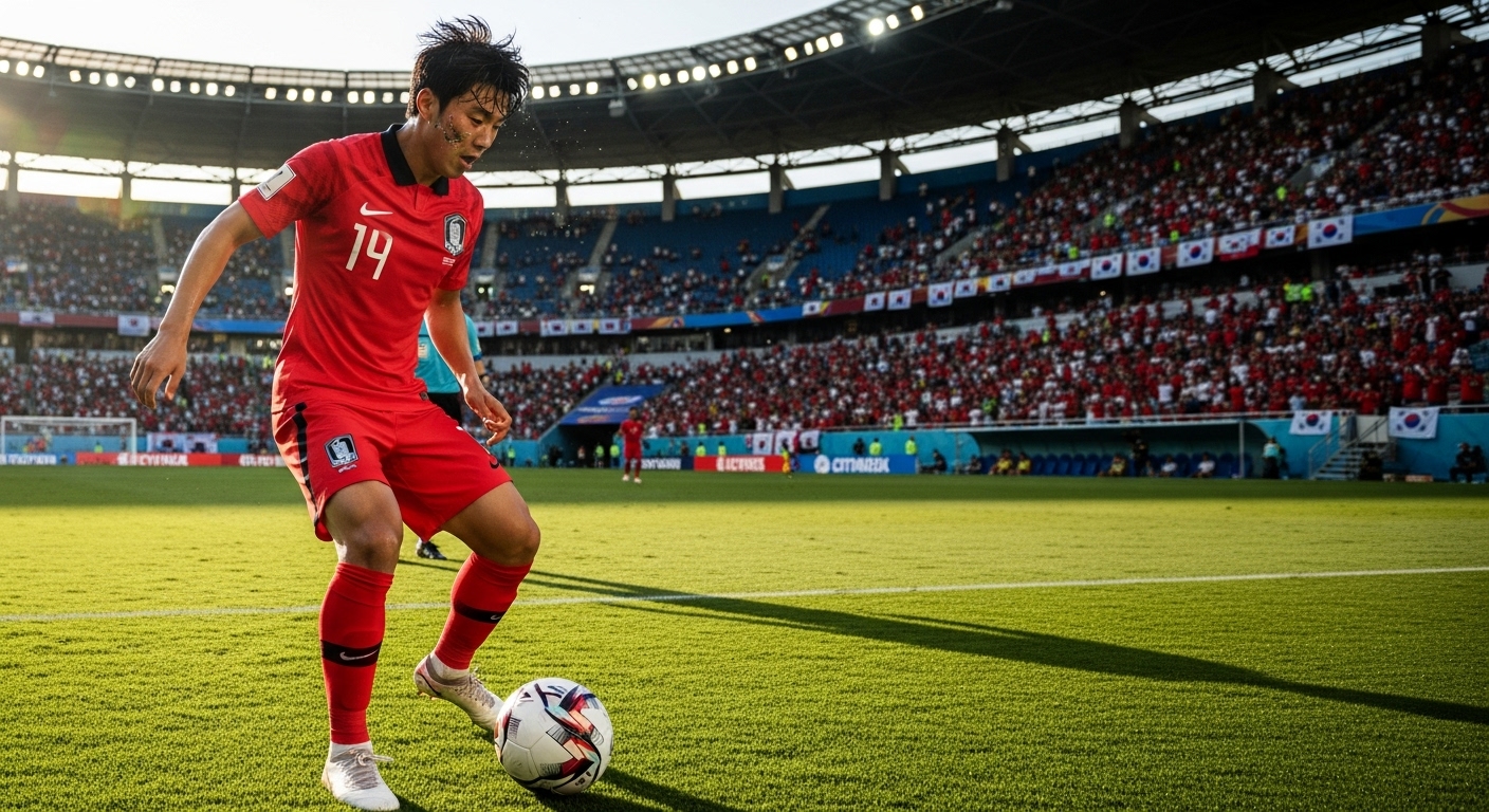 축구 경기장에서 역동적으로 움직이는 한국 선수와 응원하는 팬들