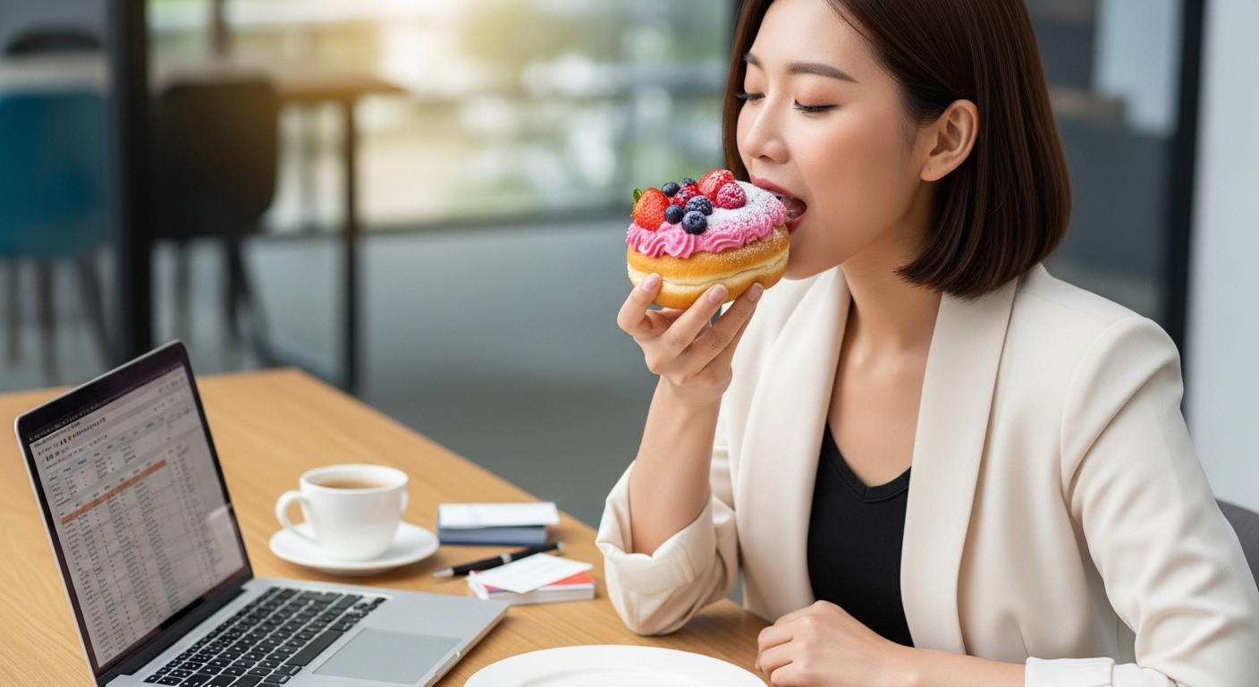 젊은 직장인이 책상에서 커피와 함께 베리 크림 도넛을 즐기는 모습