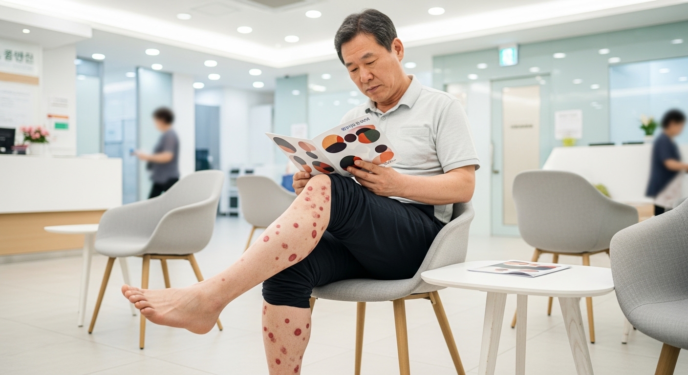 중년 남성이 클리닉 대기실에서 다리에 나타난 비대칭적인 붉은 반점을 관찰하는 모습