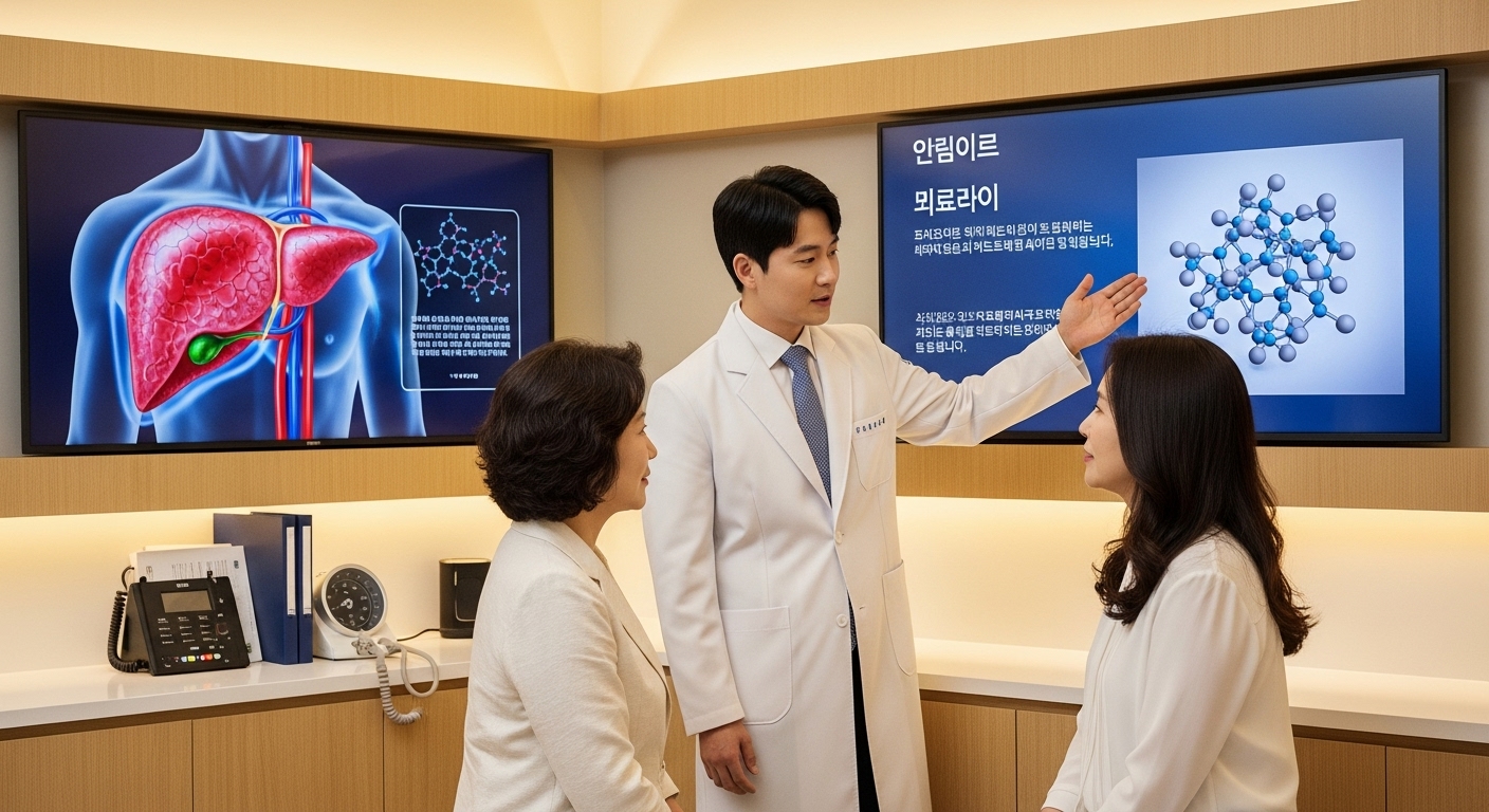 현대식 병원에서 의사가 환자에게 알부민의 중요성을 설명하는 장면