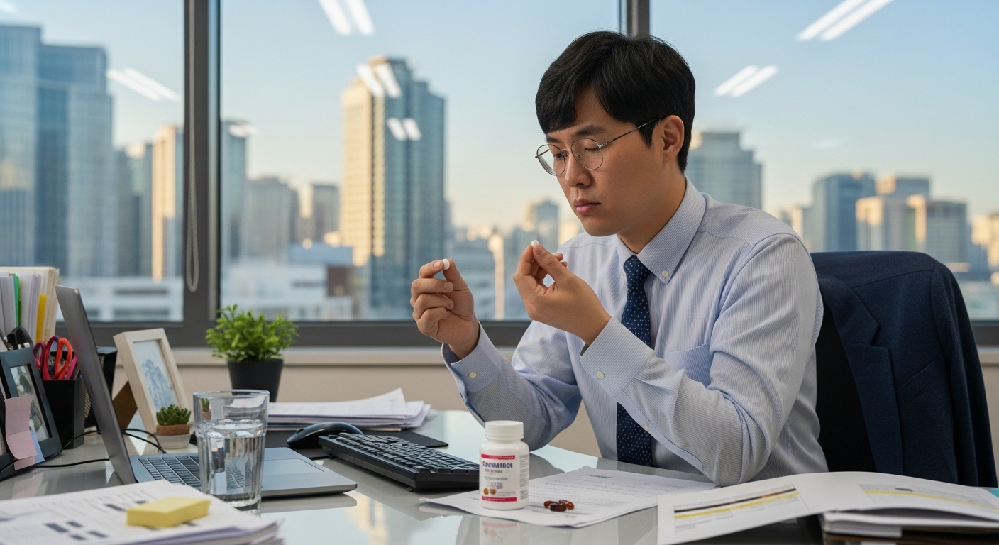 사무실 책상에서 휴식을 취하는 바쁜 한국 직장인 모습