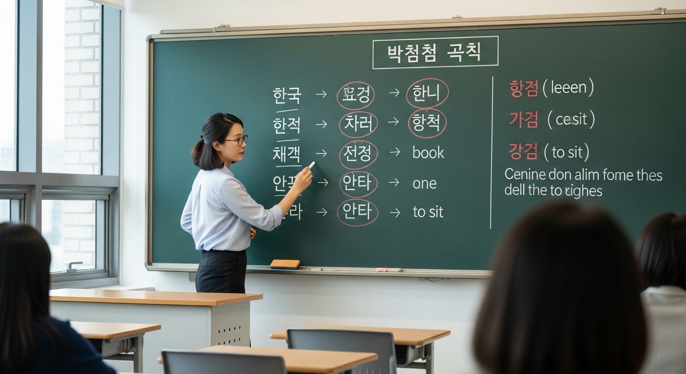 교실에서 칠판에 받침 규칙을 설명하고 있는 한국 선생님
