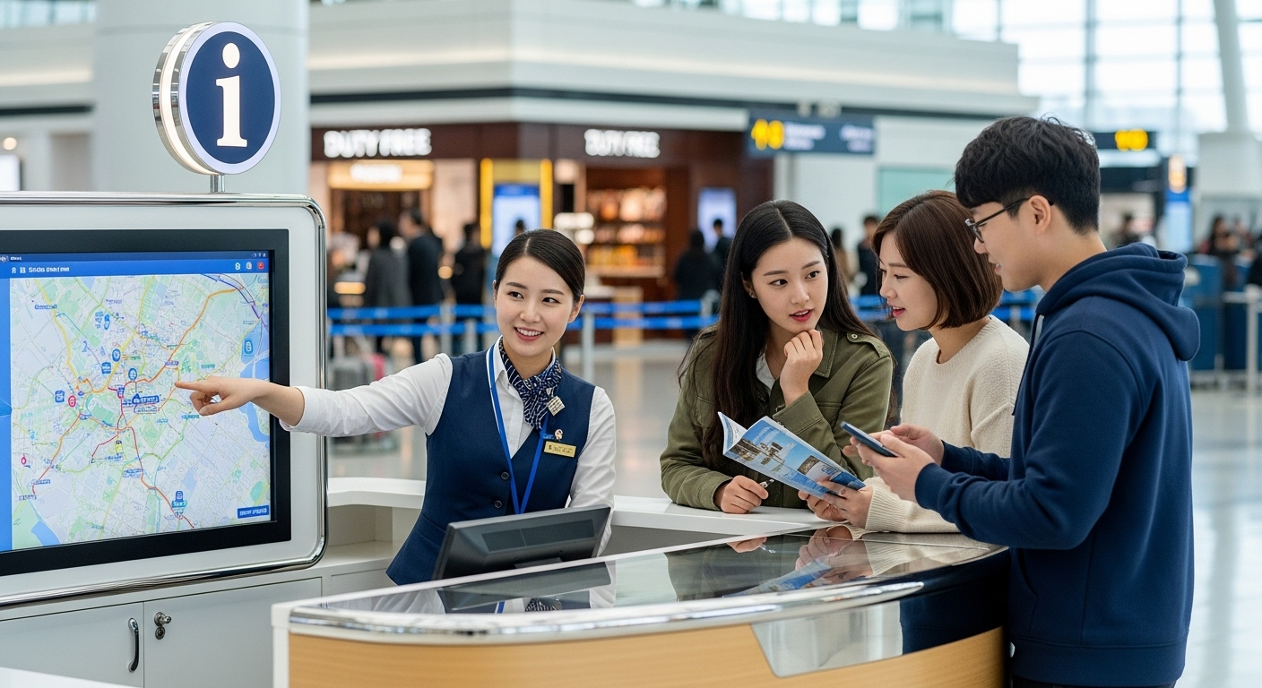 공항 안내 데스크에서 여행지 정보를 물어보는 젊은 사람들