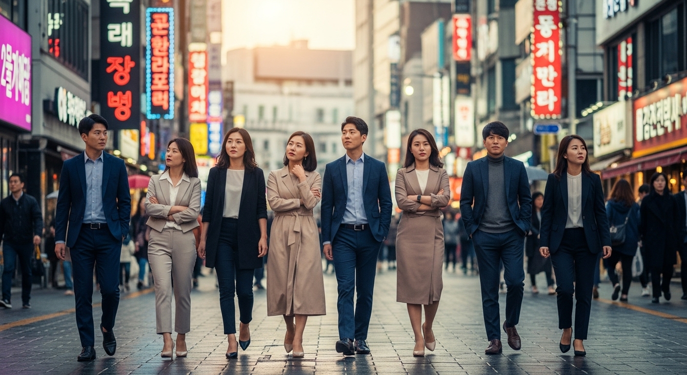 서울 거리에서 사회적 규범과 관계에 대해 생각하는 직장인들의 모습