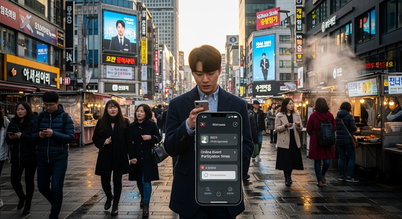바쁜 거리에서 온라인 이벤트 알림을 확인하는 학생