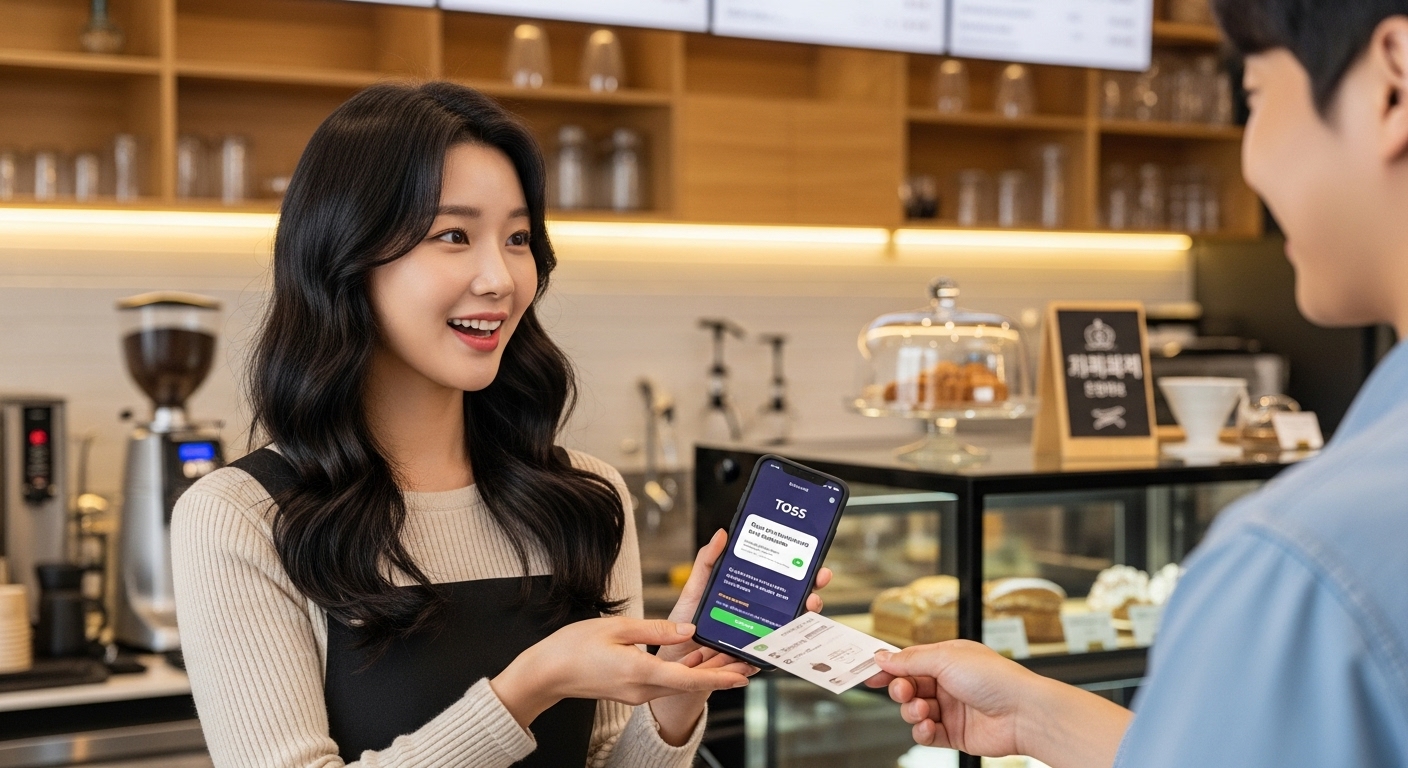 젊은 성인이 카페에서 토스 포인트로 커피 교환권을 사용하는 장면