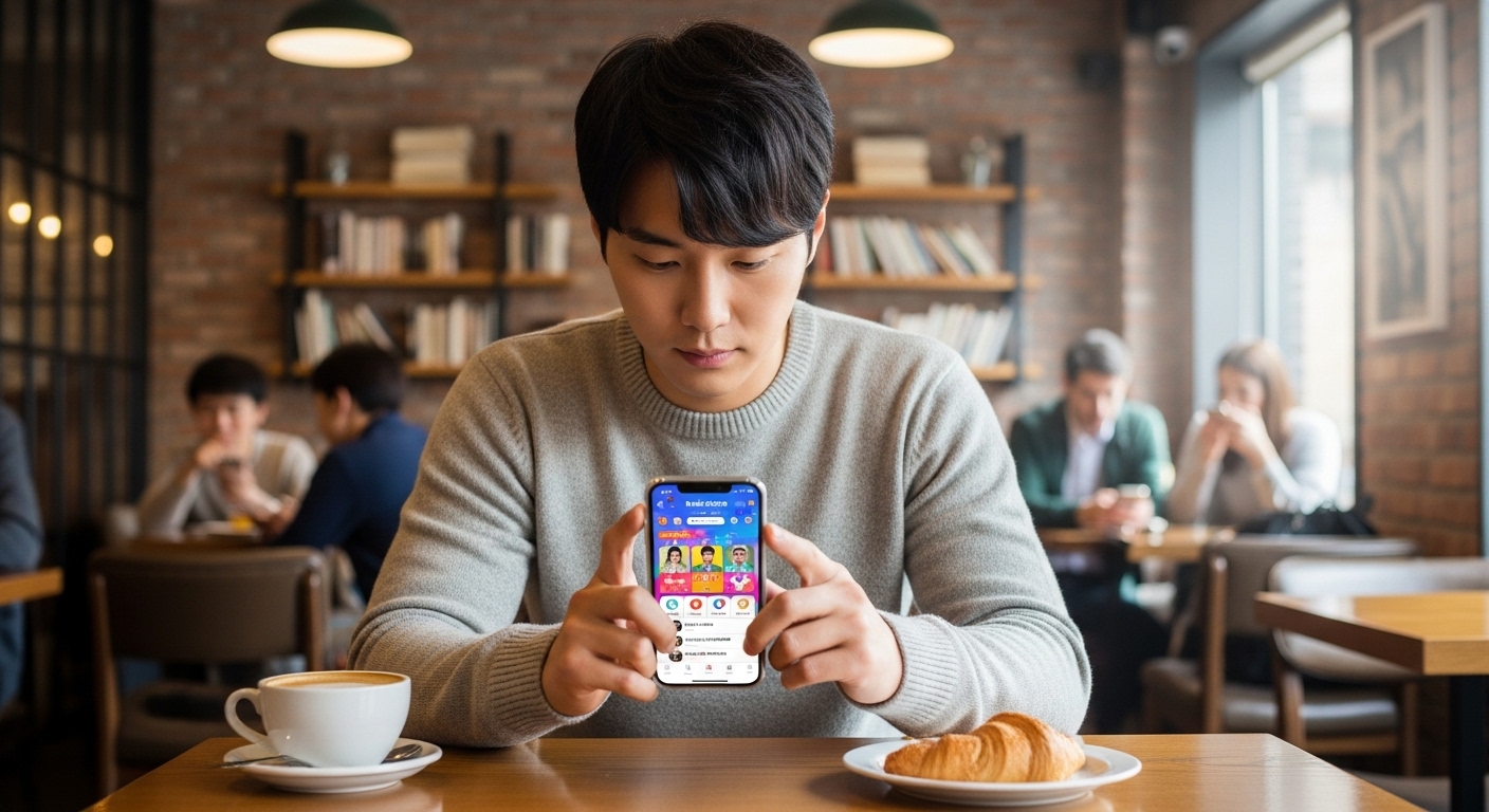 카페에서 스마트폰 앱으로 게임에 참여하는 젊은 남성의 모습