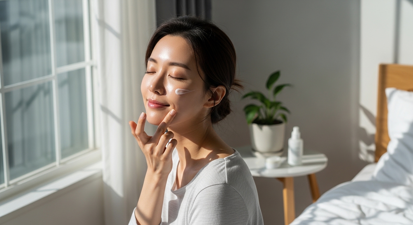 차분한 침실에서 보습 크림을 바르는 한국 여성의 모습