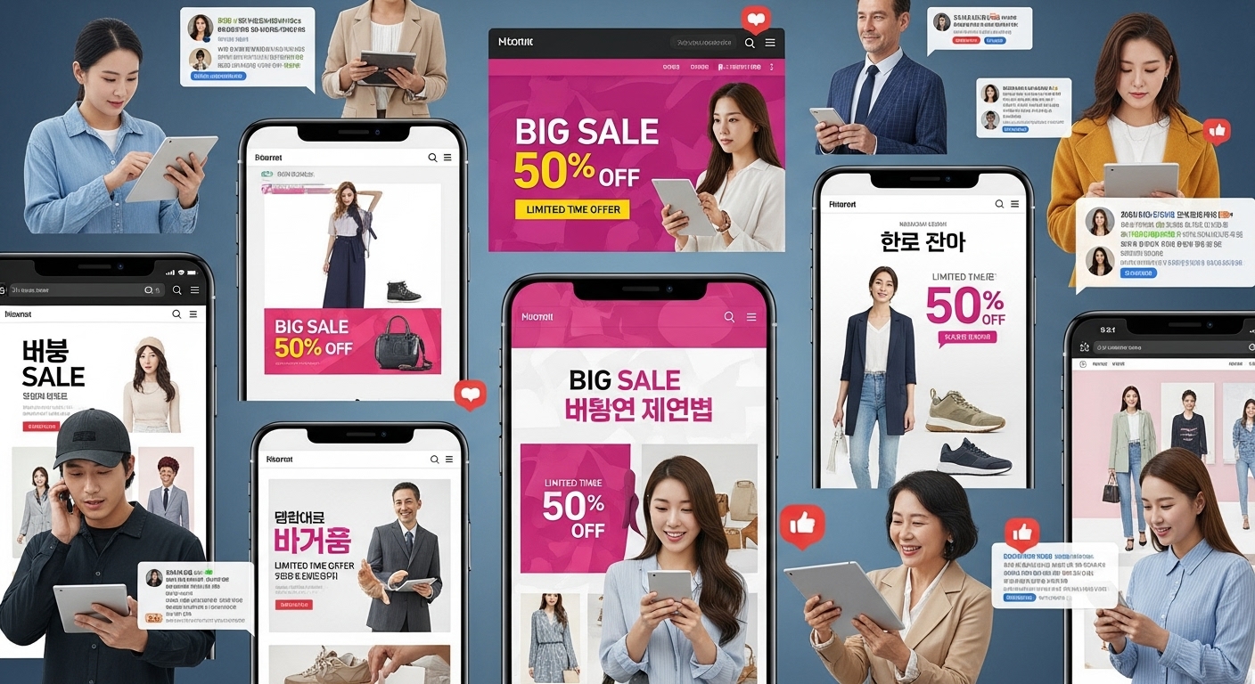 온라인으로 패션 아이템을 열정적으로 둘러보는 쇼핑객들 모습