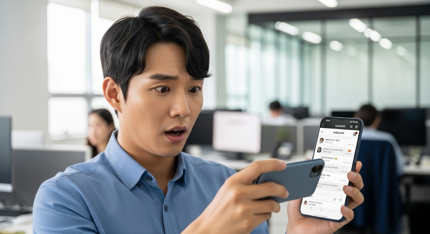 현대적인 사무실에서 스마트폰을 보고 놀라는 직장인의 모습