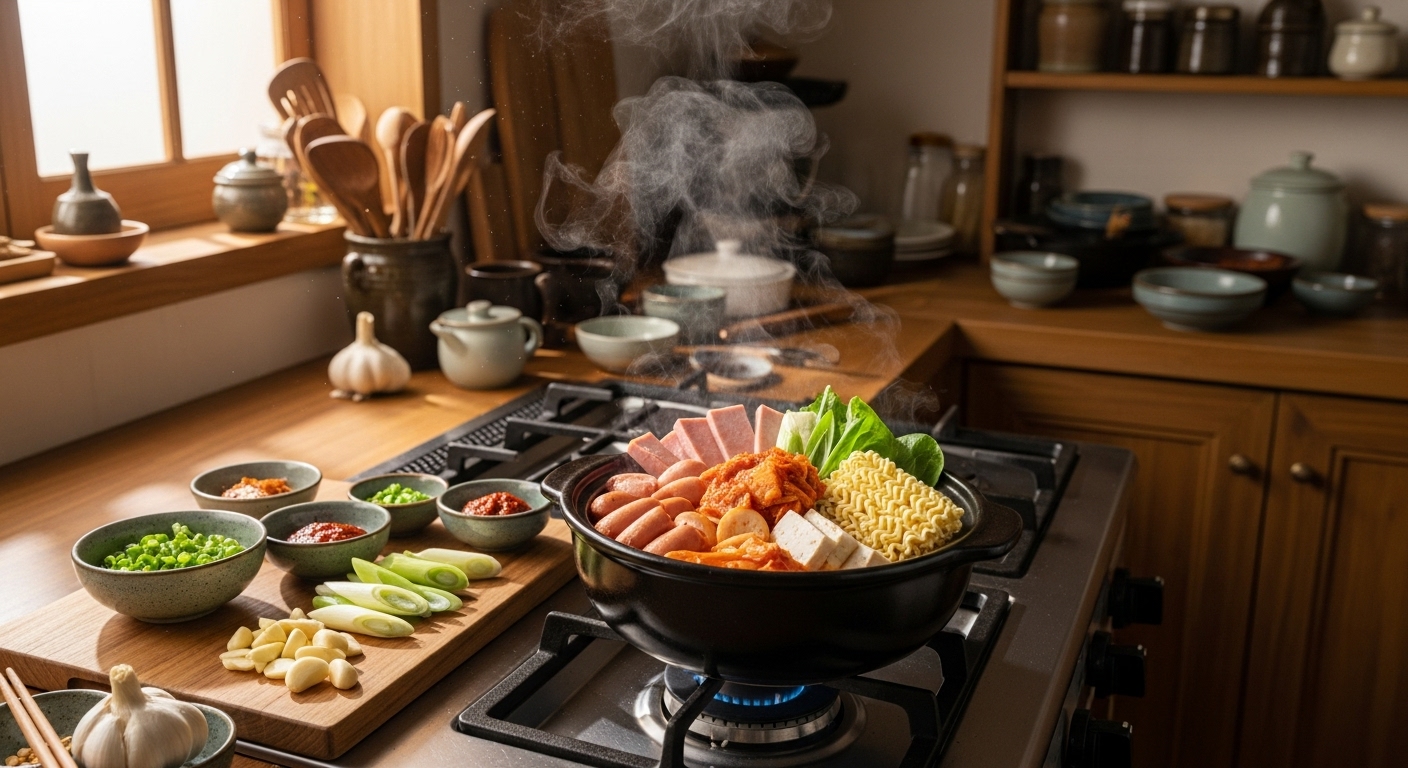 한국 주방에서 보글보글 끓고 있는 부대찌개의 모습
