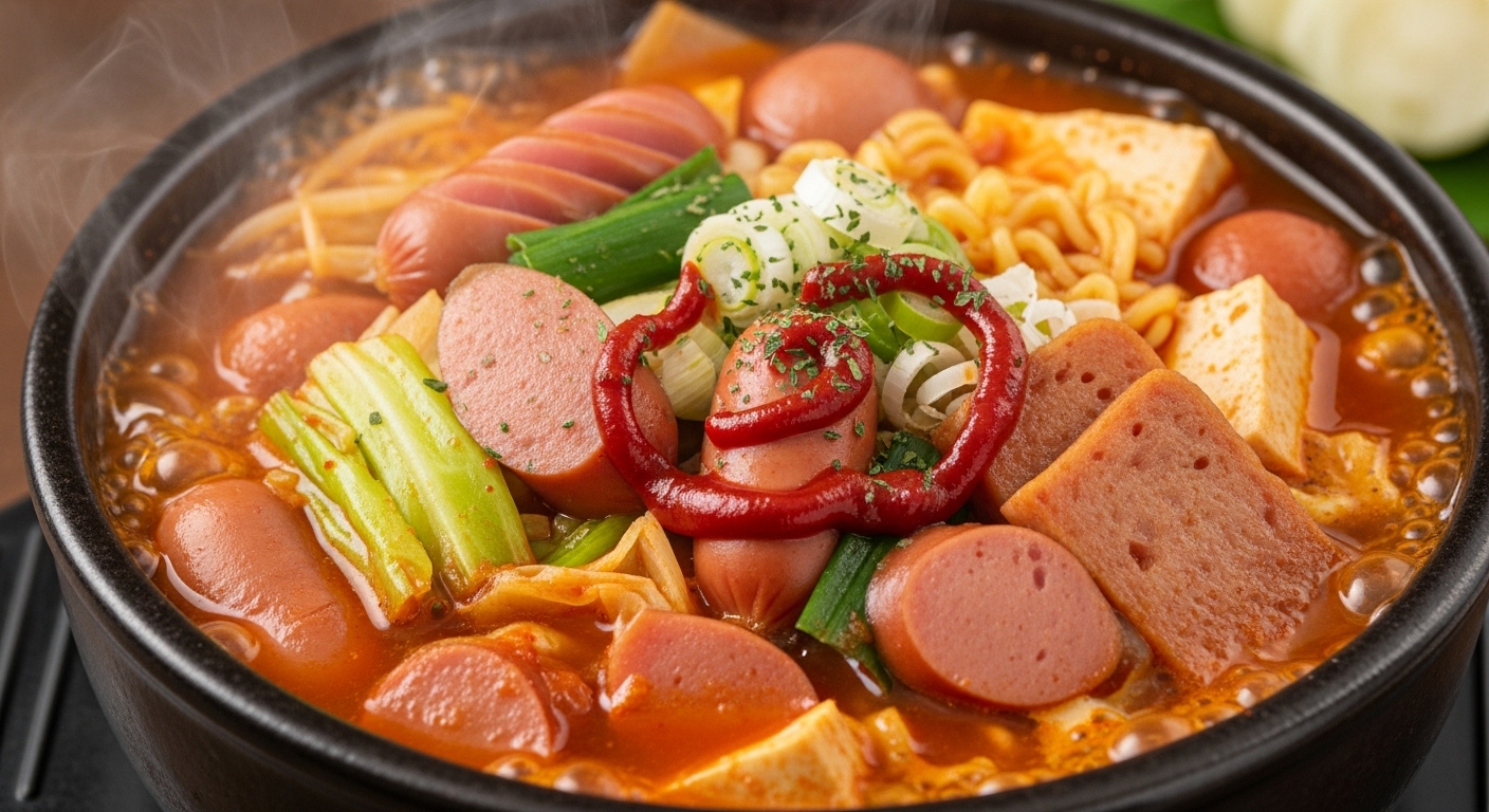 햄과 소시지가 가득 담긴 따뜻하고 먹음직스러운 부대찌개의 클로즈업