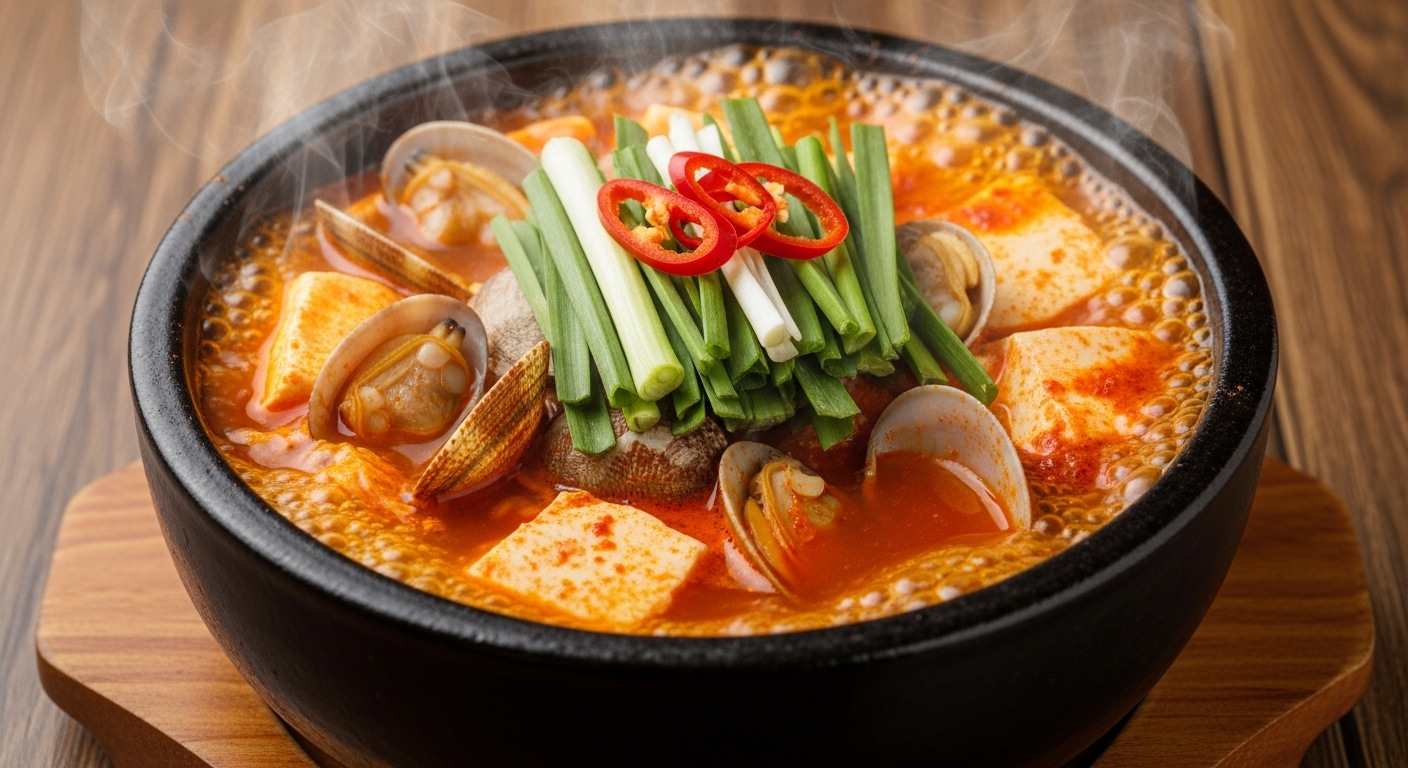 김이 모락모락 나는 빨간 국물의 순두부찌개