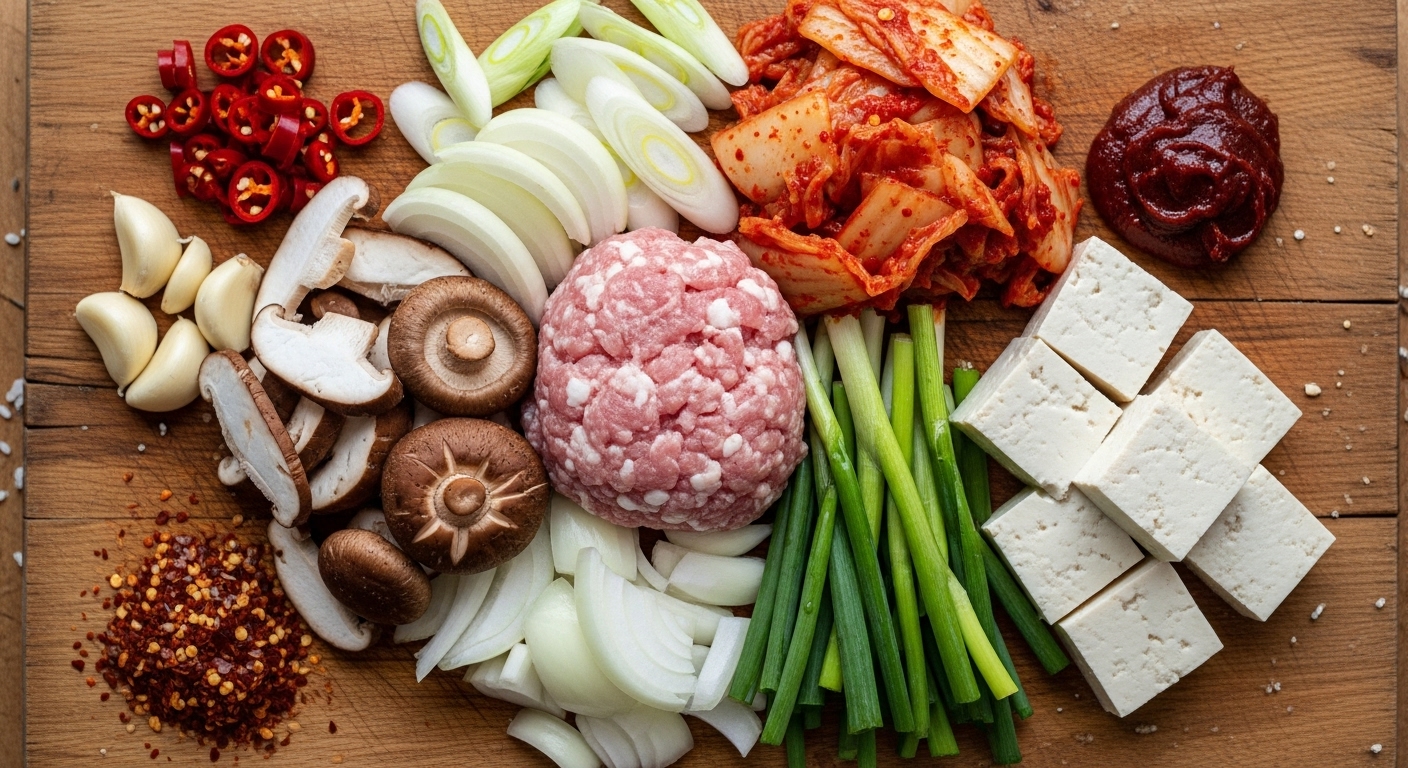 돼지고기와 버섯 등 다양한 재료가 준비된 모습