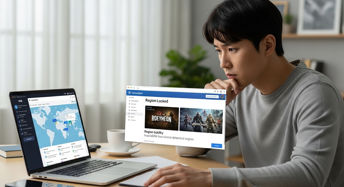 노트북으로 VPN 서비스 인터페이스를 보고 있는 젊은 남성의 걱정스러운 표정