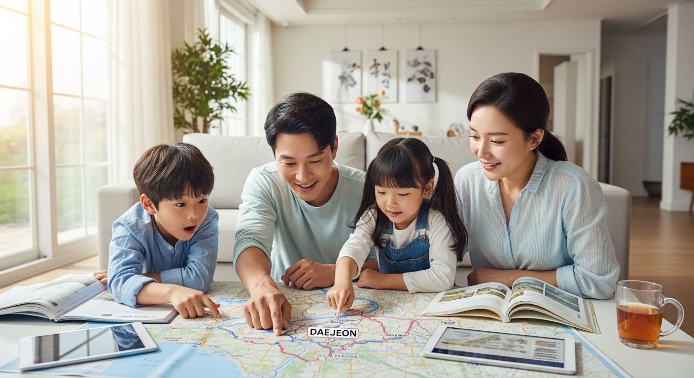 대전 여행을 준비하는 가족이 지도 앞에서 설레는 모습