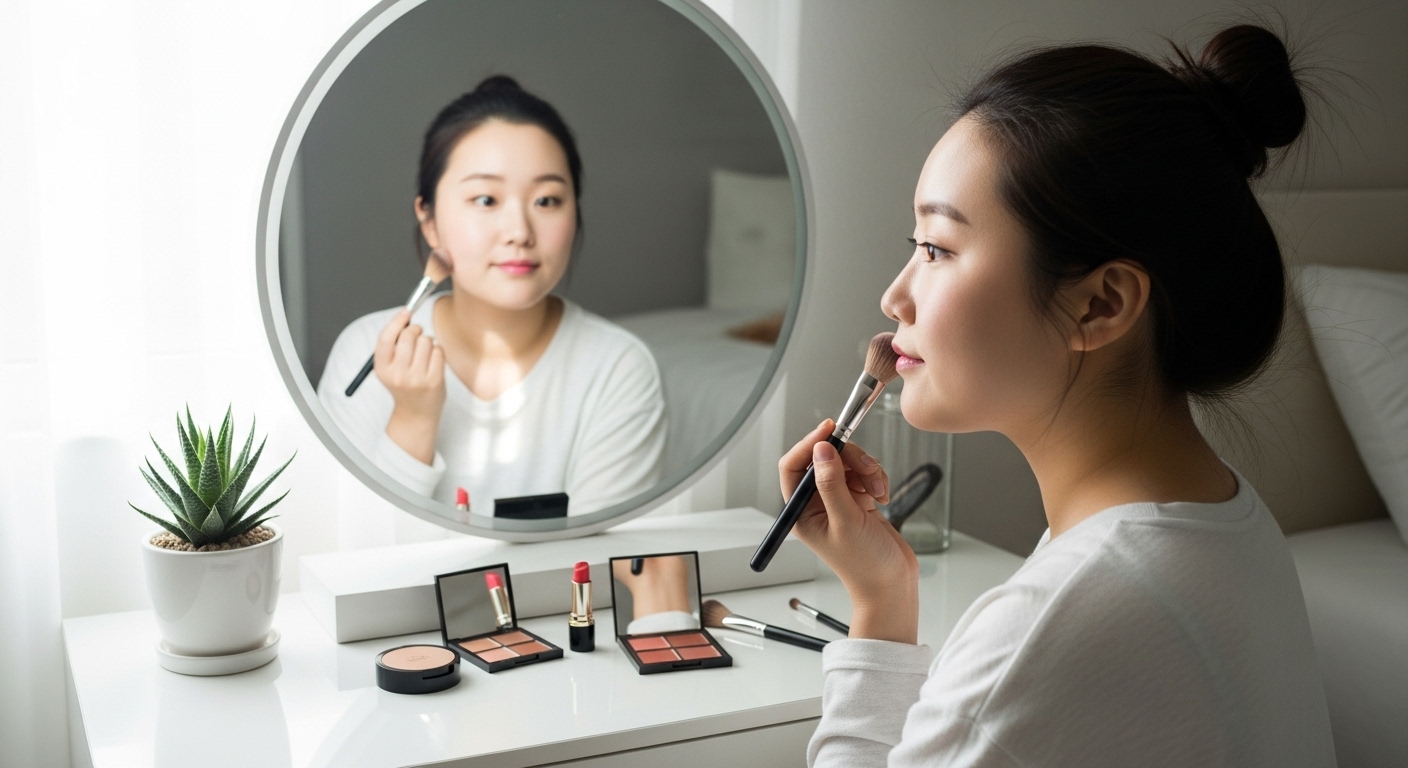 젊은 여성이 침실에서 거울 앞에서 자연스러운 메이크업을 하고 있는 모습