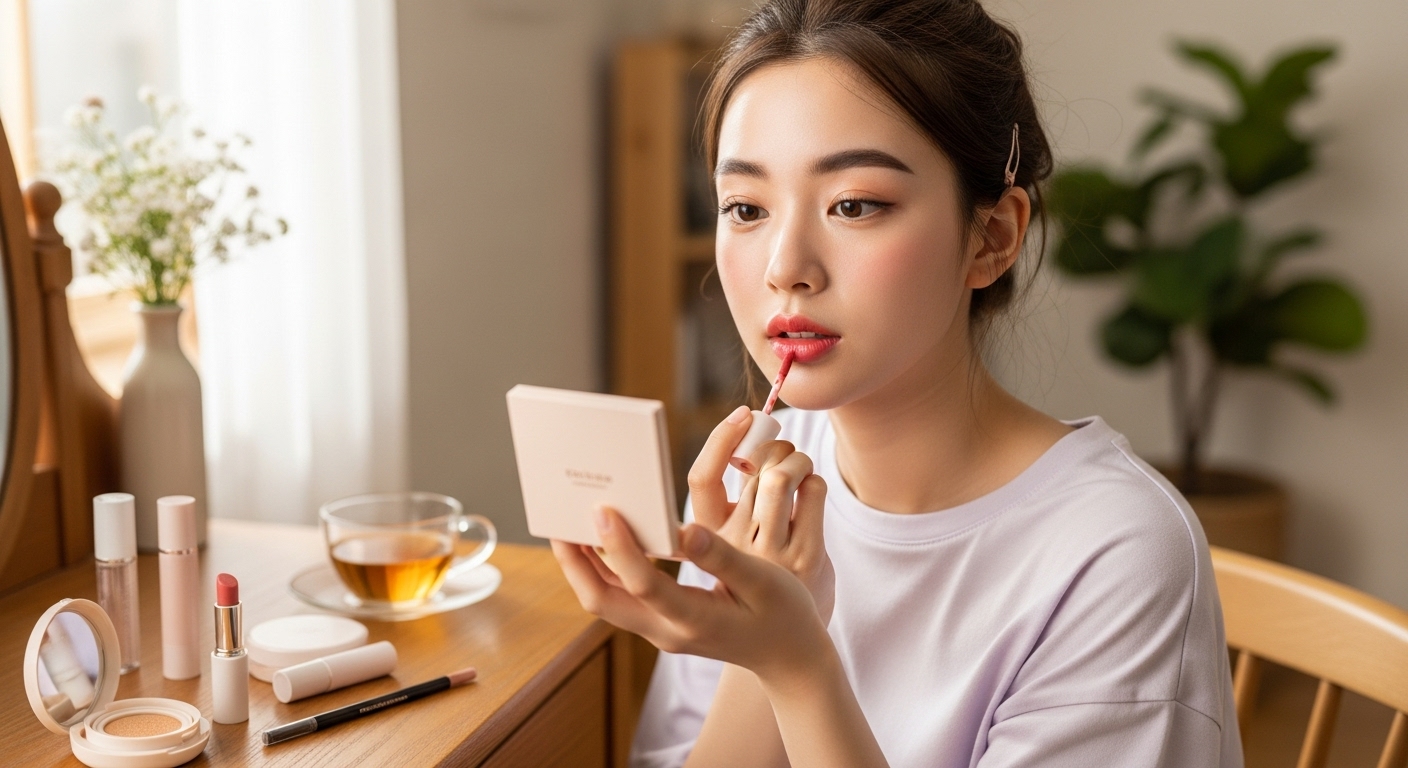 한국 청소년이 아침에 가벼운 메이크업으로 자연스럽게 꾸미는 장면