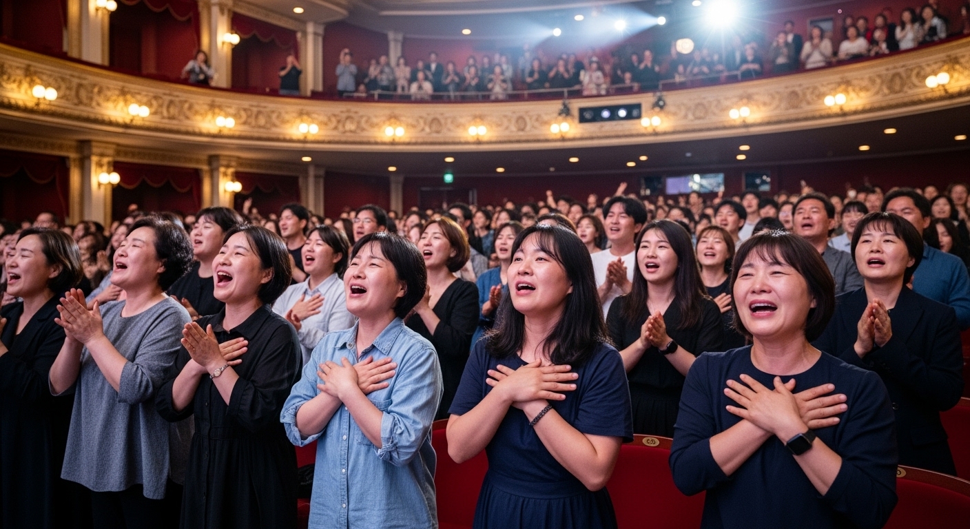 뮤지컬 공연 중 기립 박수를 치며 감동의 눈물을 흘리는 관객들의 모습
