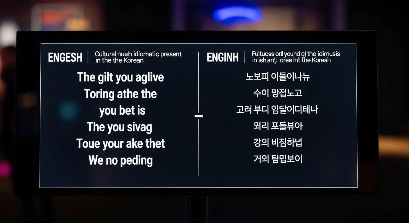 영어와 한국어 가사의 디지털 화면 비교를 통해 문화적 뉘앙스 차이를 보여주는 모습