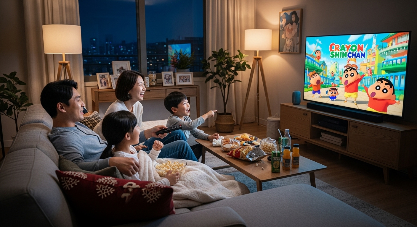 저녁 시간에 가족이 모여 큰 화면으로 짱구 영화를 마라톤으로 보는 장면