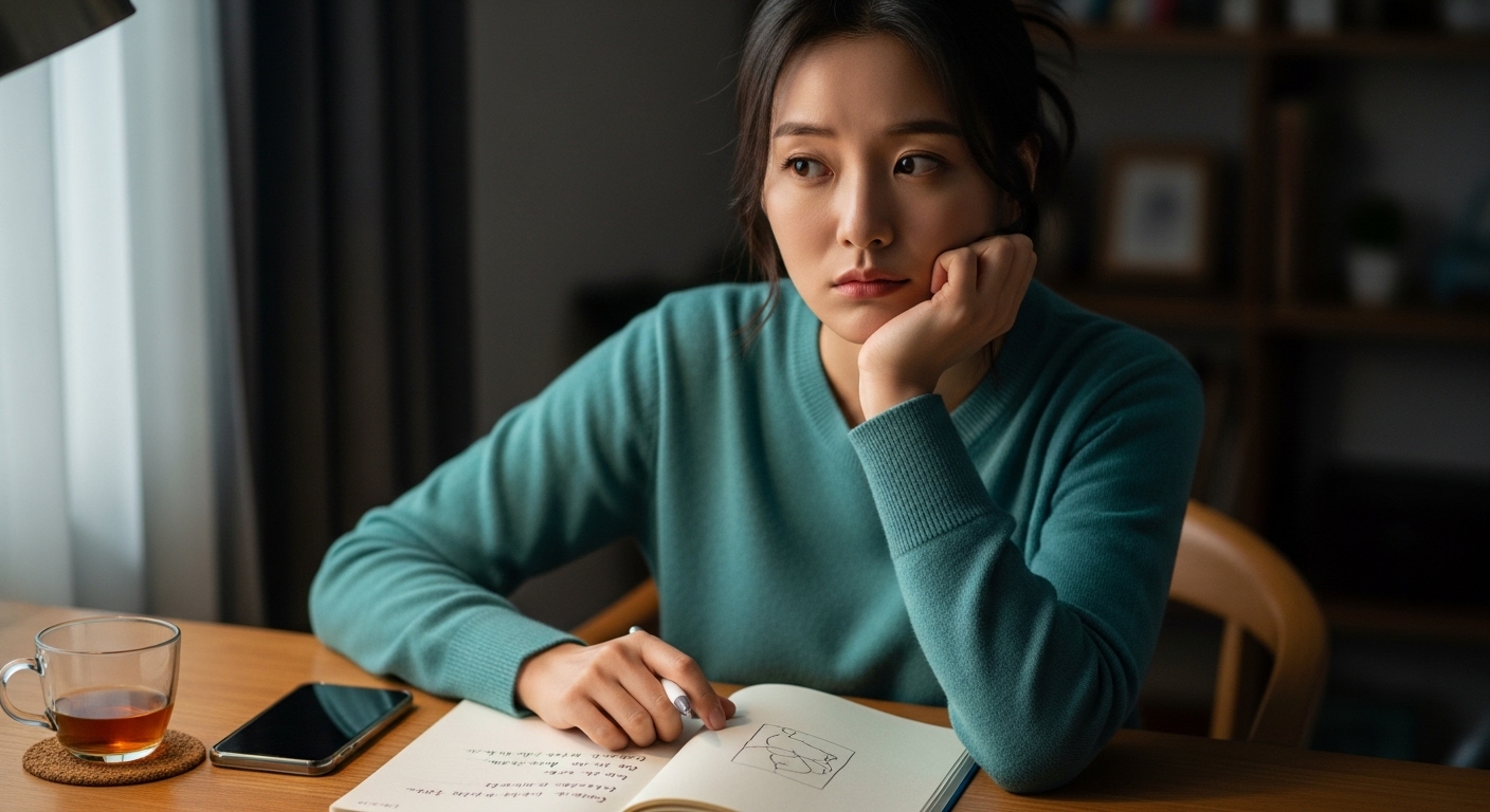 책상에 앉아 사랑과 그리움의 복잡한 감정에 잠긴 여성