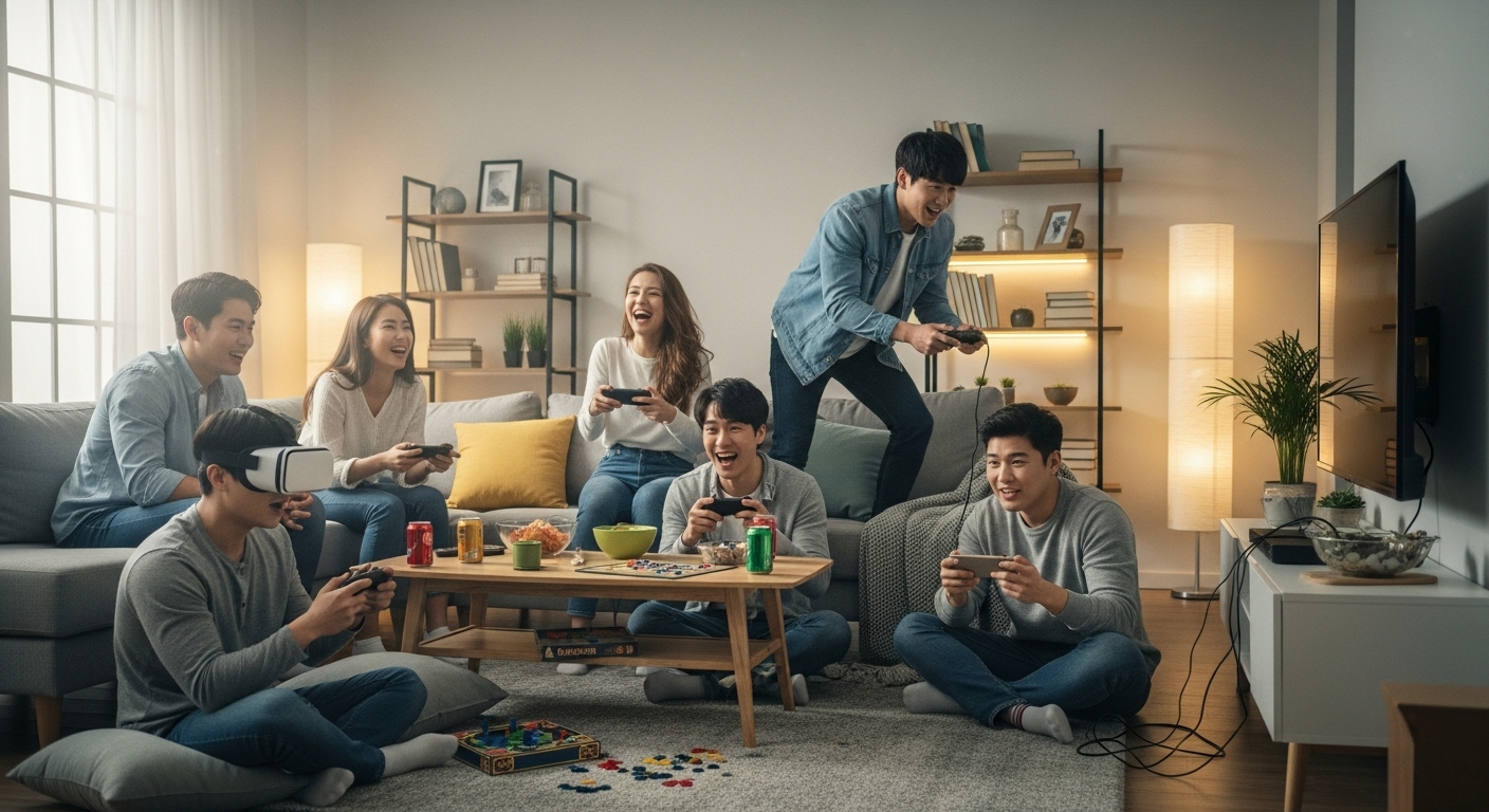 친구들이 편안한 거실에서 여러 기기로 다양한 게임을 즐기는 장면