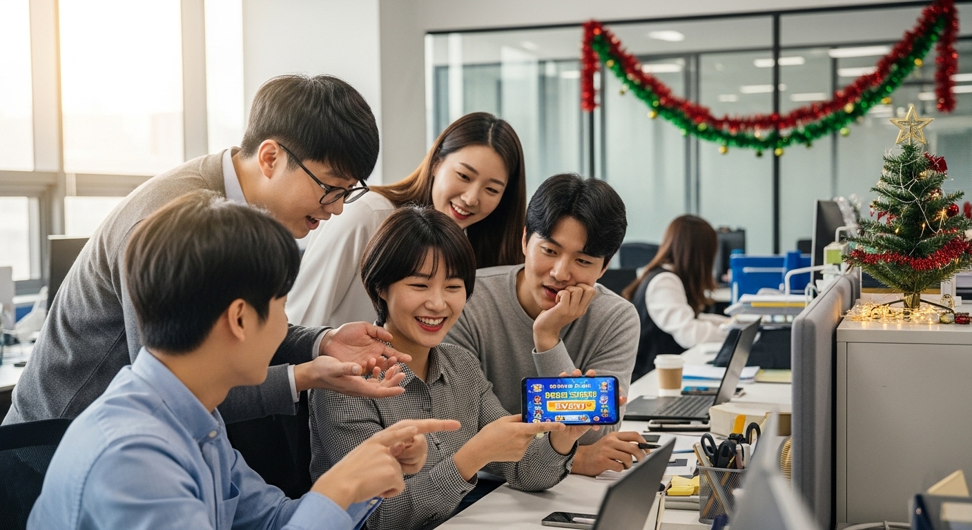 사무실에서 스마트폰 게임 이벤트에 대해 이야기하는 직장인들