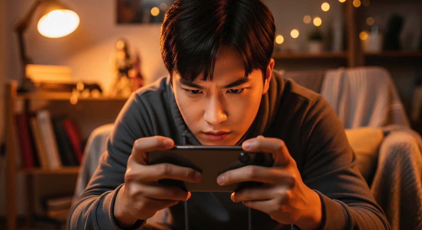 따뜻한 방 안에서 모바일 게임에 집중하는 젊은 게이머