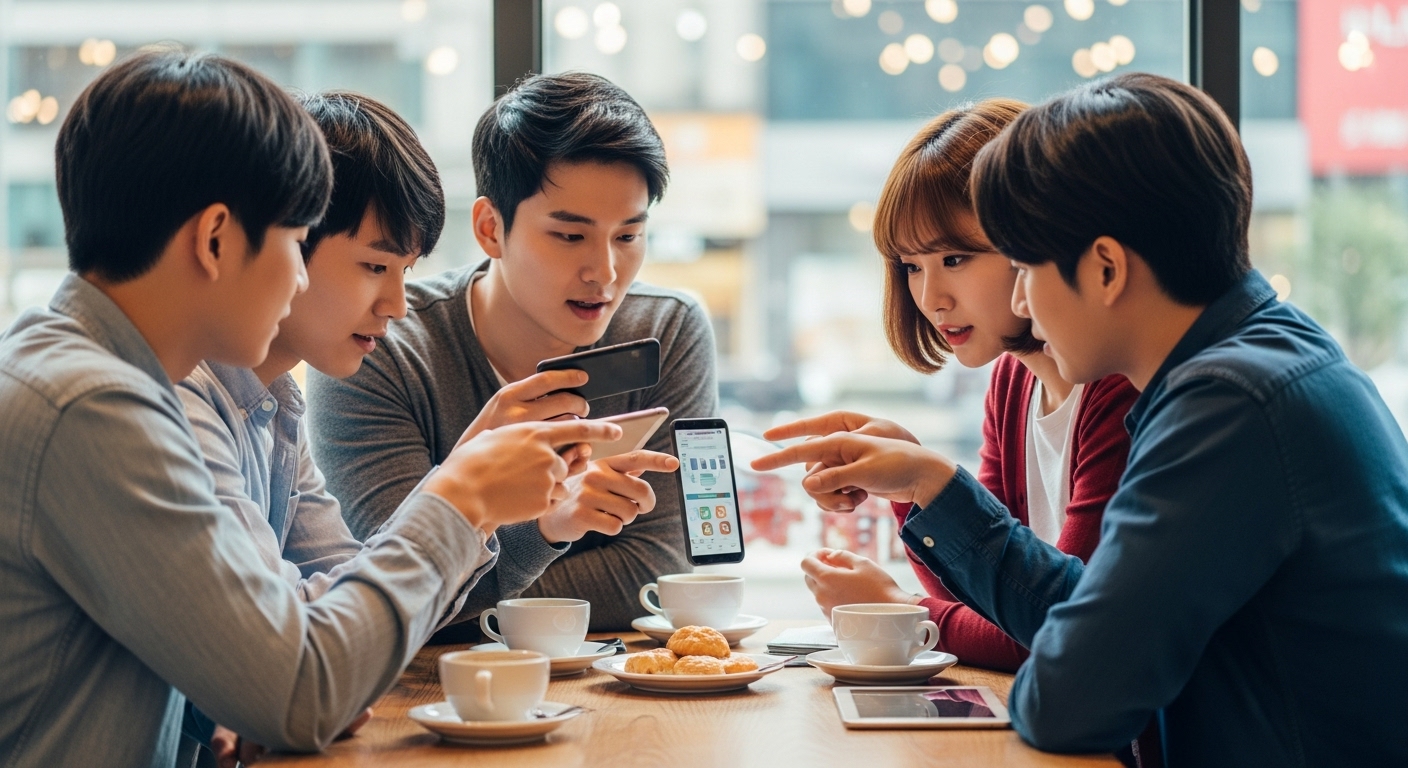 카페에서 스마트폰 화면을 공유하며 이야기를 나누는 젊은이들 그룹