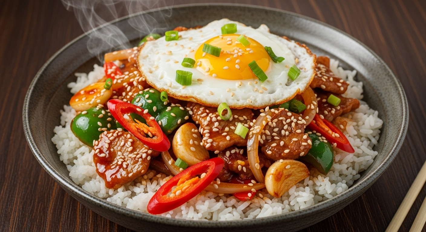 흰쌀밥 위에 반숙 계란을 올린 매콤한 제육덮밥